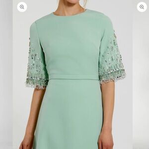 Mac Duggal Green Crepe A Line Gown With Beaded 3/4 Sleeves